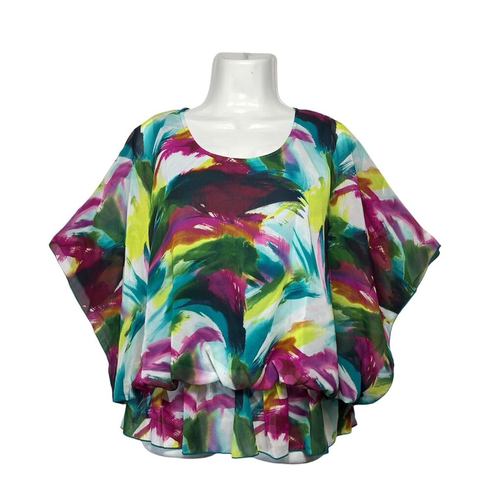 Inois Watercolor Blouse Large Multicolor Abstract Bubble Hem Top Artsy Career